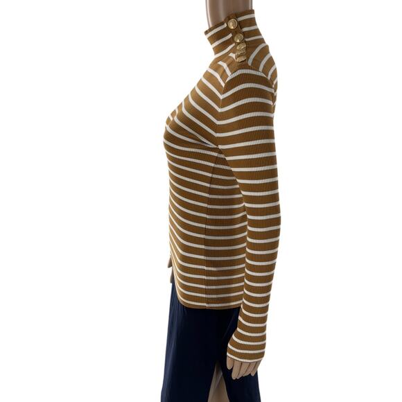 J. Crew Caramel Tan Striped Ribbed Gold Button Shoulder Top - Picture 6 of 10